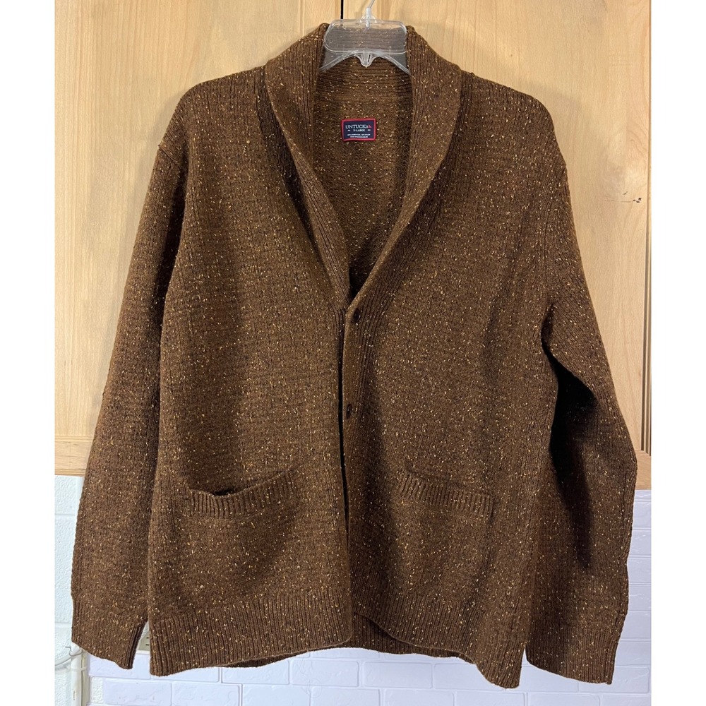 UNTUCKit Emeric Donegal Cardigan Mens XL Brown Lambswool Shawl Collar 41193